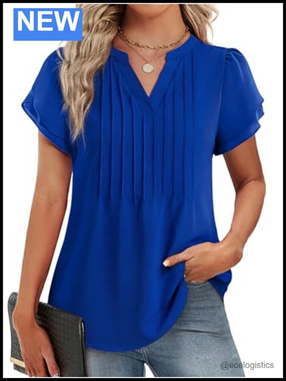 Short Petal Sleeve V-Neck Tunic Top Blouse Business Casual Work